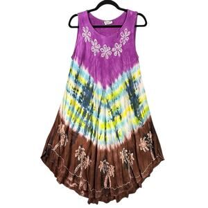 Vintage Tie Dye Tank Dress Embroidered Hippie Beach Coastal ONE SIZE Womens